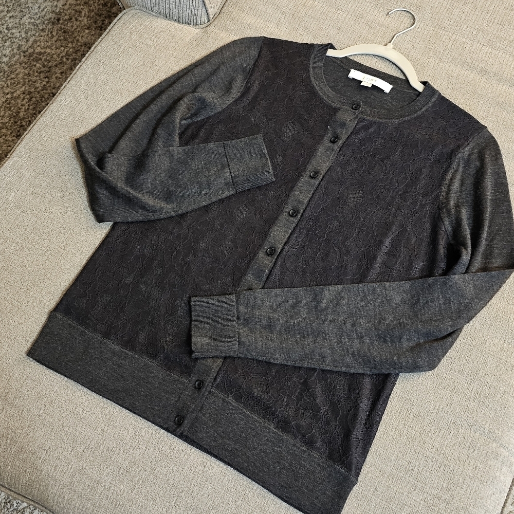 Loft Gray Black Lace Wool Blend Button Casual Career Sweater Size Medium - Picture 2 of 7